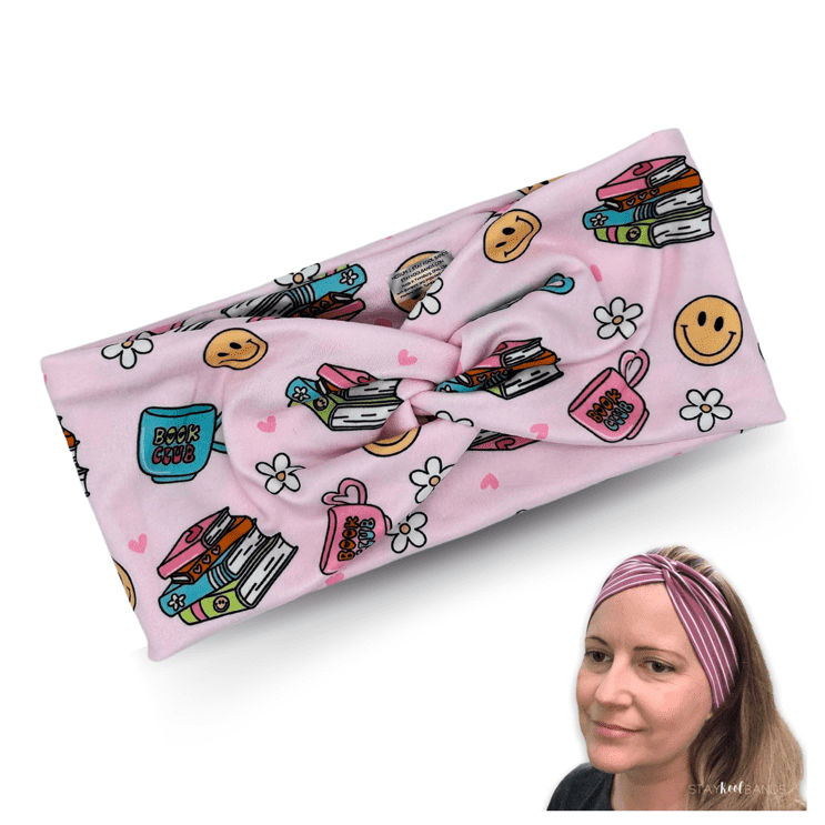 Pink soft headband featuring books and flowers by Stay Kool Bands