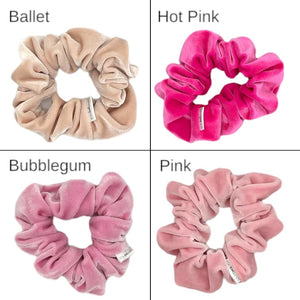 pink velvety velour scrunchies 4 shown in a variety of pinks