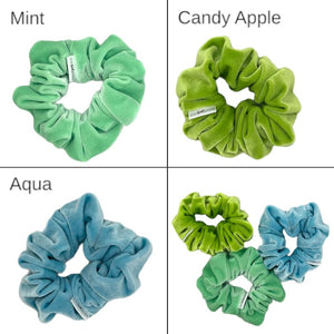 green velvety velour scrunchies 4 shown in a variety of greens