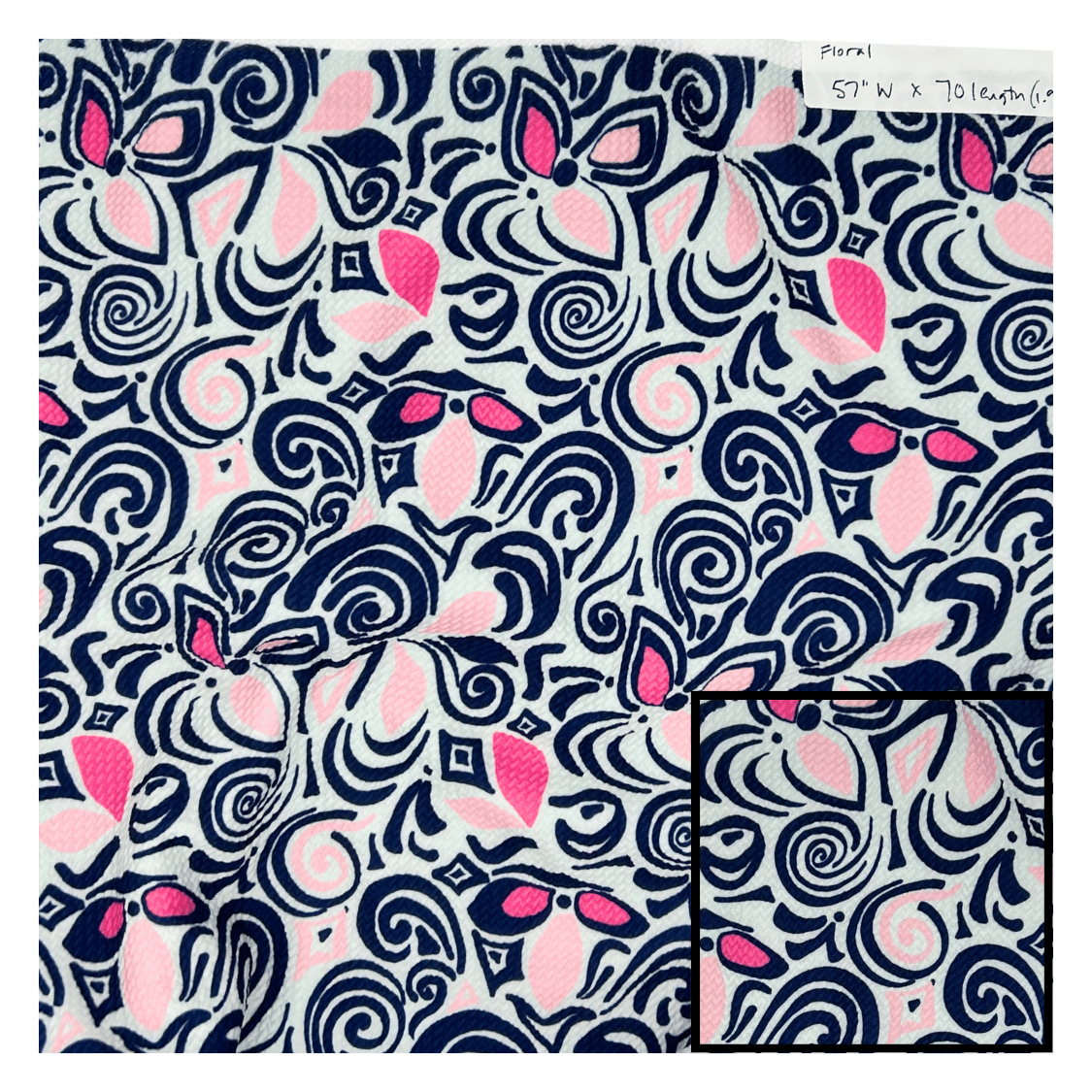 Patterned fabric with pink and blue design on a white background