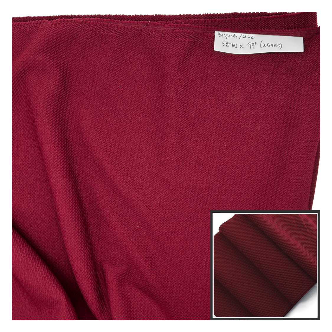 Maroon fabric with a close-up inset showing texture details on a white background.