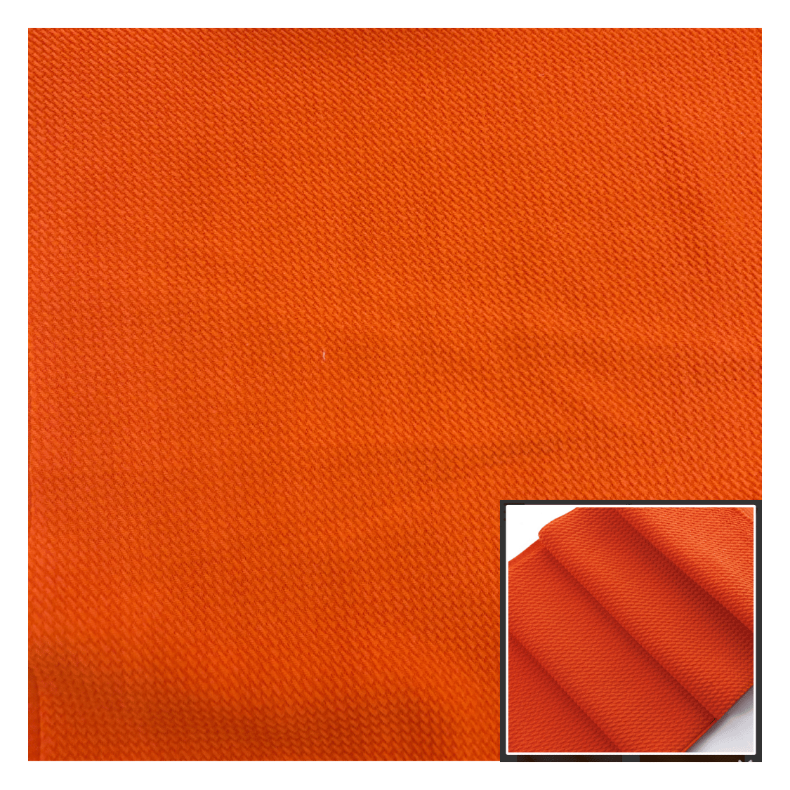 Solid orange fabric texture with a close-up inset showing texture details.