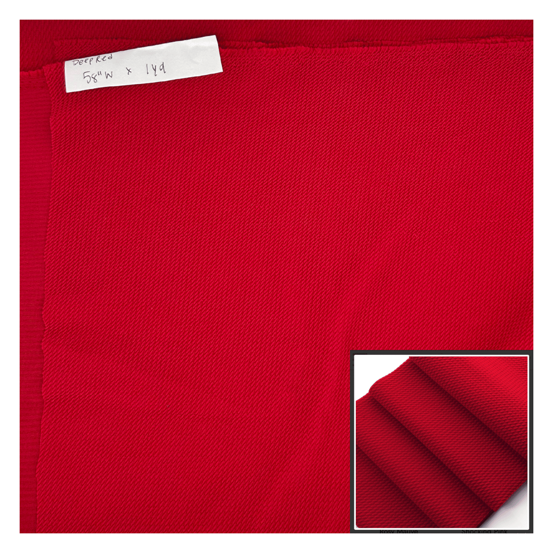 Red fabric swatch with a label indicating dimensions, on a white background.