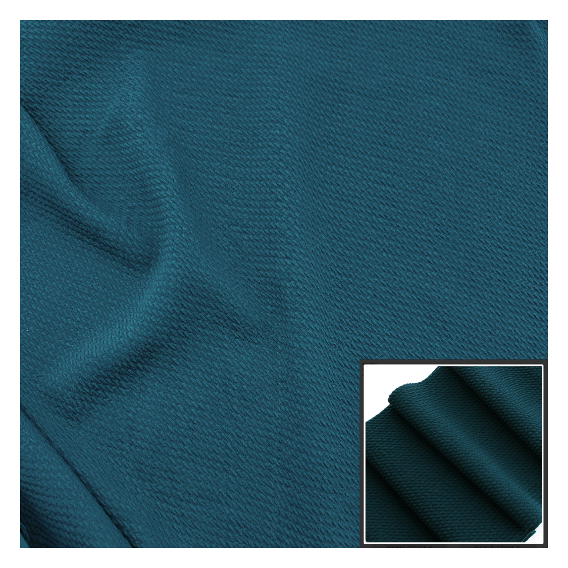 Teal fabric texture with a close-up inset showing more detail.
