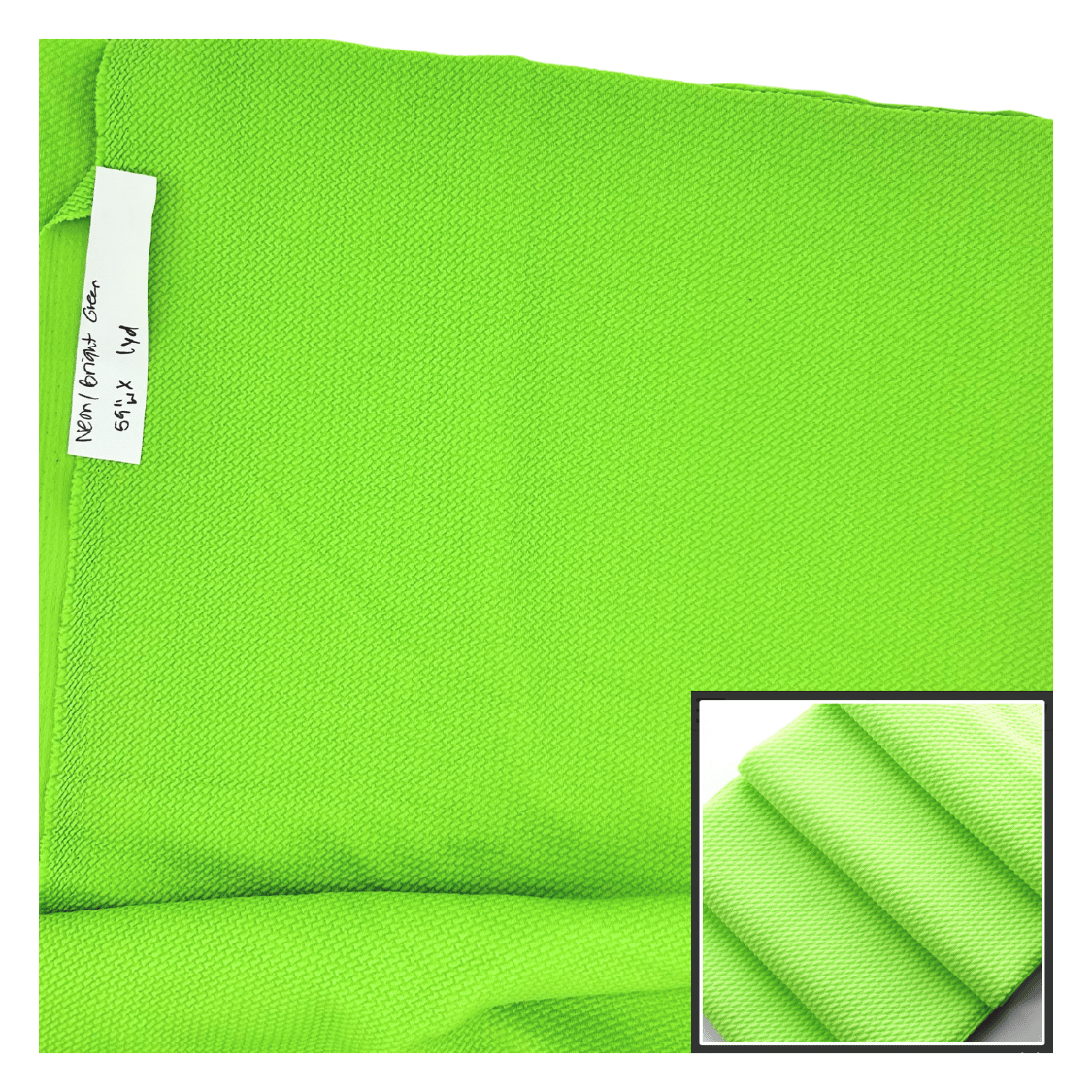 Bright green fabric with a close-up inset on a white background