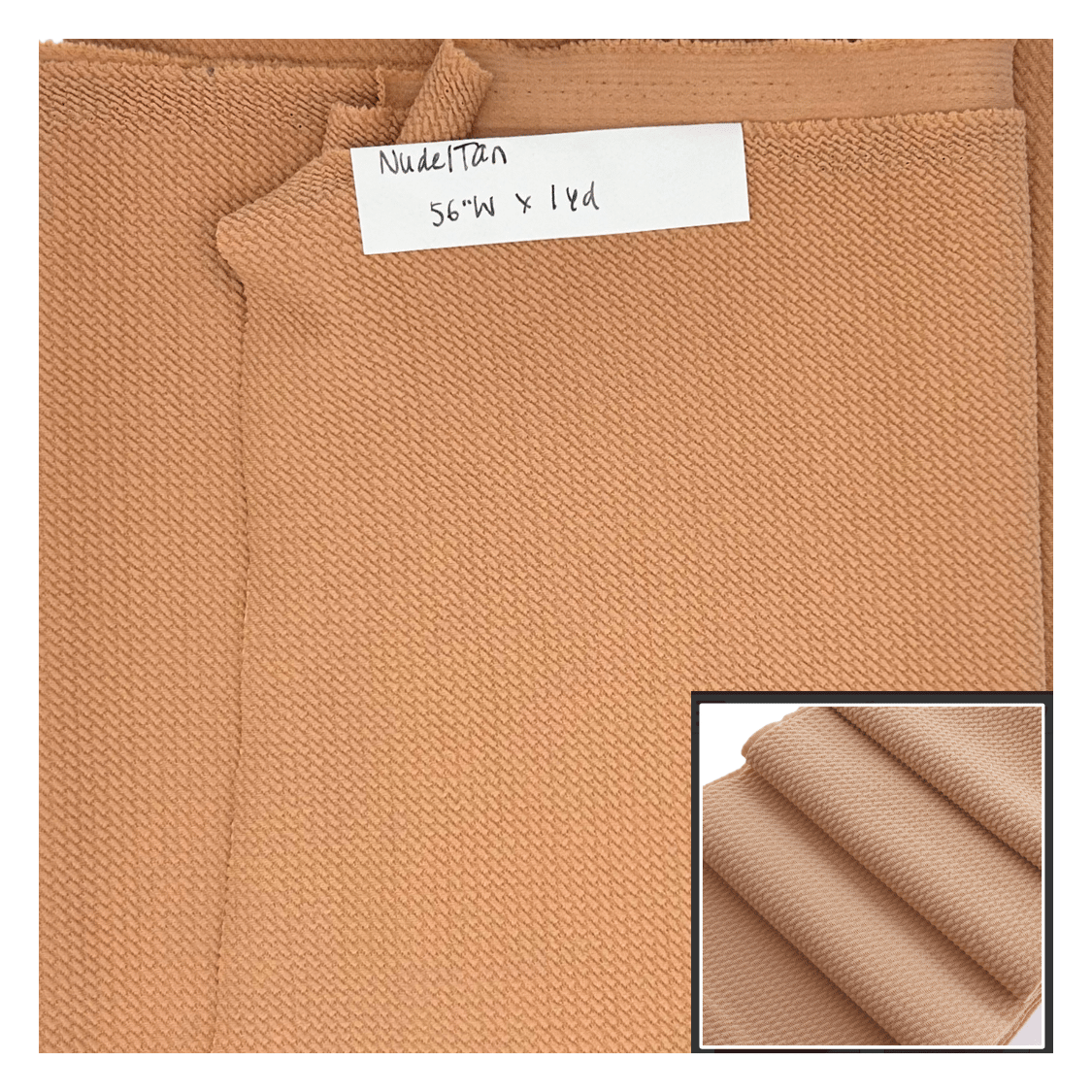 Nude or Tan fabric swatch with a label indicating dimensions and color name.