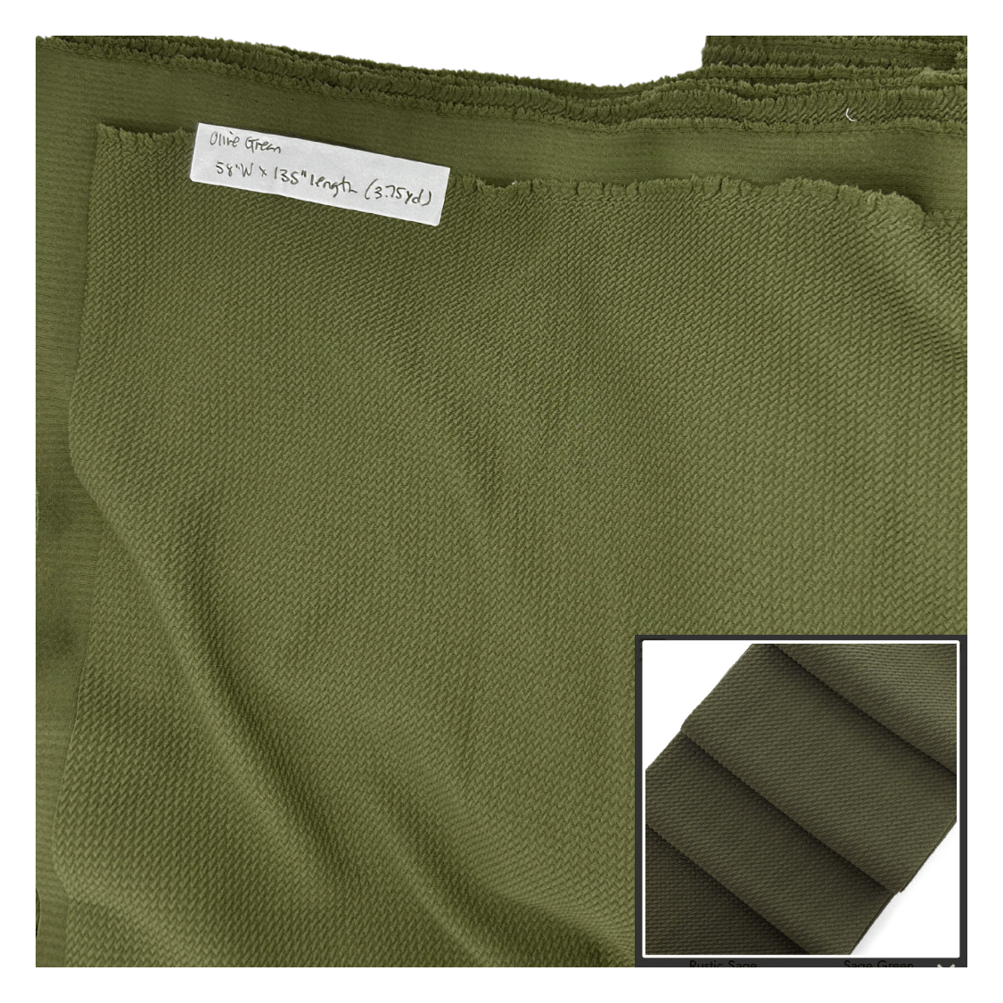 Olive green fabric and inset showing texture details.