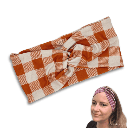 gingham or plaid orange and white front of headband