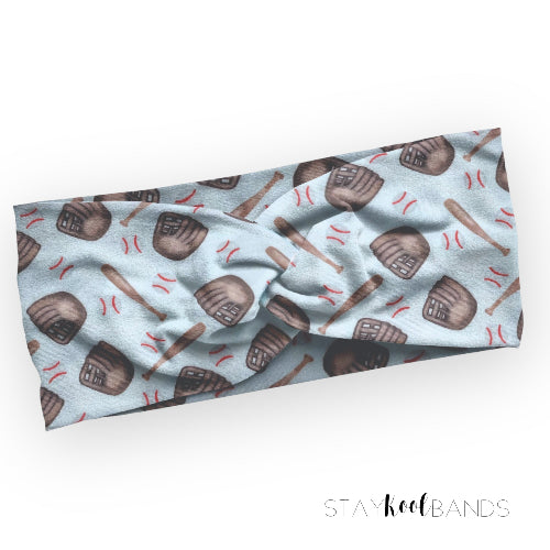 baseballs, baseball mitts, baseball bats on white headband