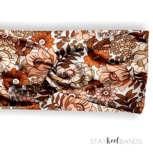 closeup of brown boho floral headband