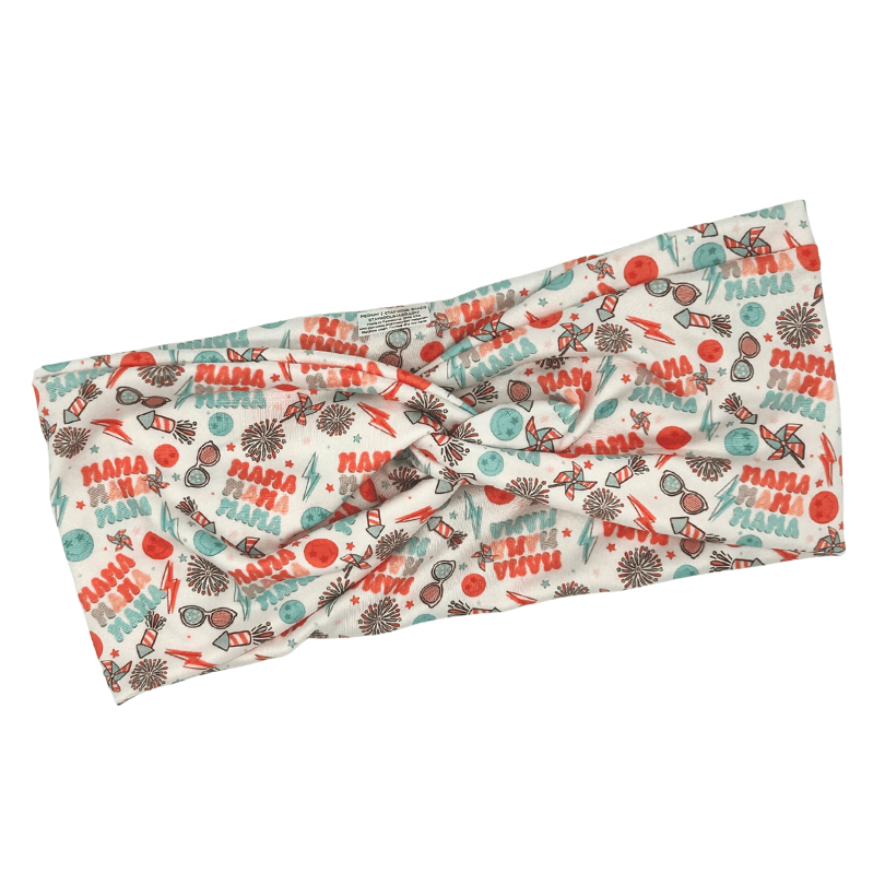 Patterned headband with 'Mama' text on white background