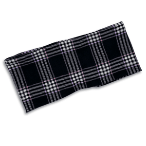 headband in plaid in black and white with hint of pink and purple