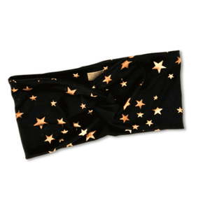 Black headband with gold star pattern on a white background