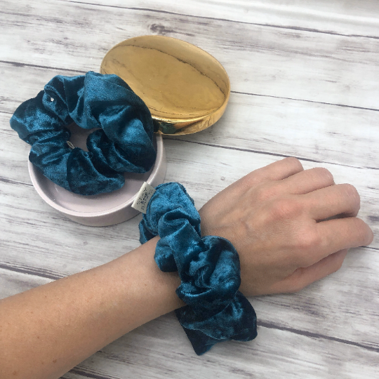 Velvety Scrunchie, Dark Teal Blue