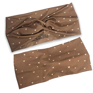 twist headband in brown with pink hearts