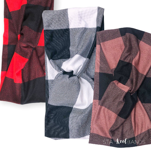 buffalo plaid headbands in pink, white and red