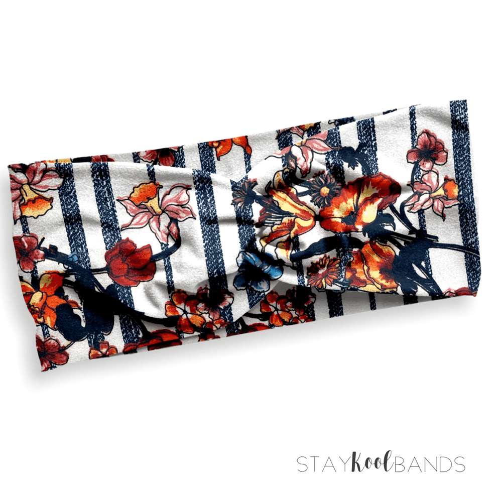 blue stripe floral headband