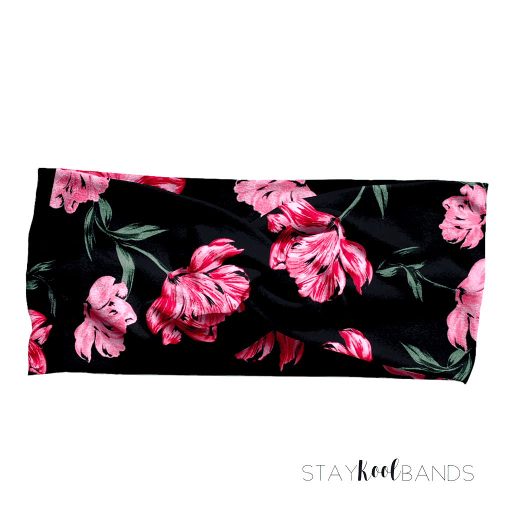 Pink Floral on Black Headband