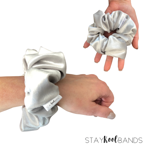 two views of the silver velvety scrunchie